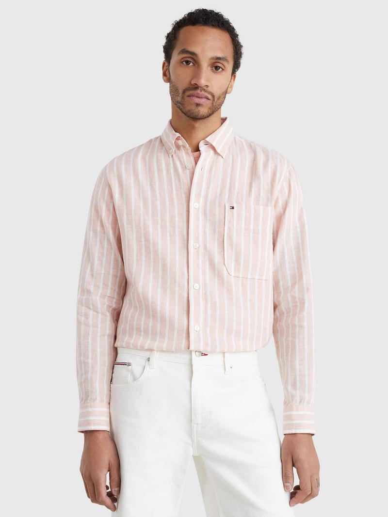 Férfi Tommy Hilfiger Alkalmi fit stripe linen Ingek Fehér Rózsaszín | HU 1019ILH